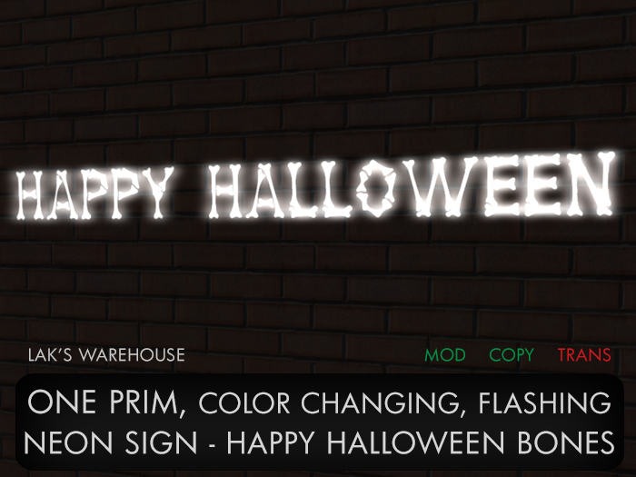 ONE PRIM Color Changing Happy Halloween Bones Neon Sign