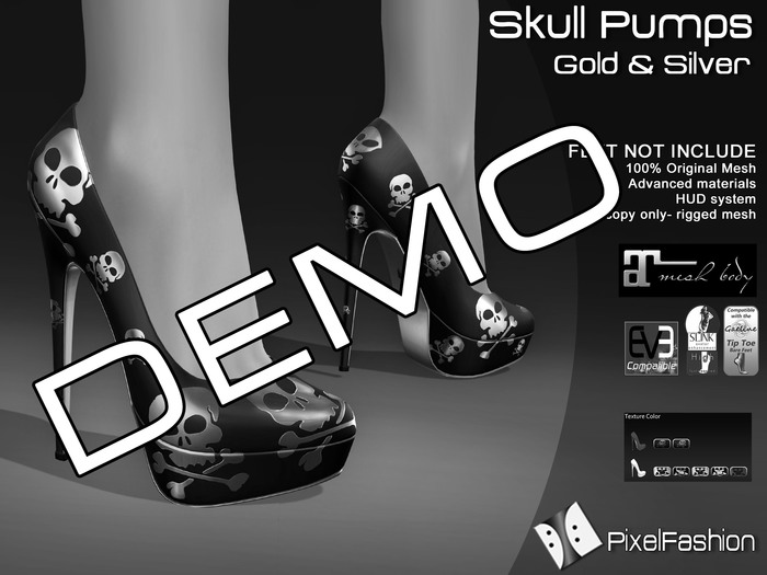 :)(: DEMO Skull Pumps - Gold & Silver - Maitreya lara - slink high feet - Gaeline tip toe - EVE Avatar mesh