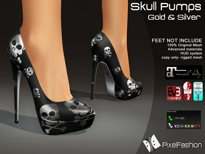 :)(: Skull Pumps - Gold & Silver - Maitreya lara - slink high feet - Gaeline tip toe - EVE Avatar mesh