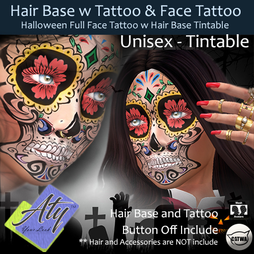 Second Life Marketplace - [Aty] Hair Base w Face Tattoo Halloween DEMO ...