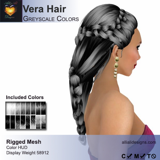 A&A Vera Hair Greyscale Colors Pack. Rigged mesh long womens hairstyle