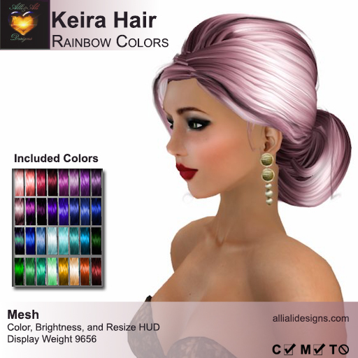 A&A Keira Hair Rainbow Colors Pack.  Resizable mesh womens updo hairstyle