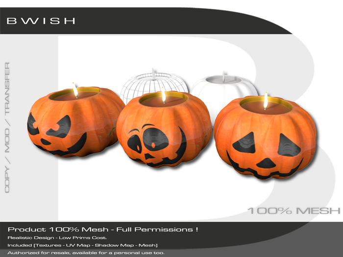 BWish - 3 Halloween Pumpkin Candles Mesh Full Permissions