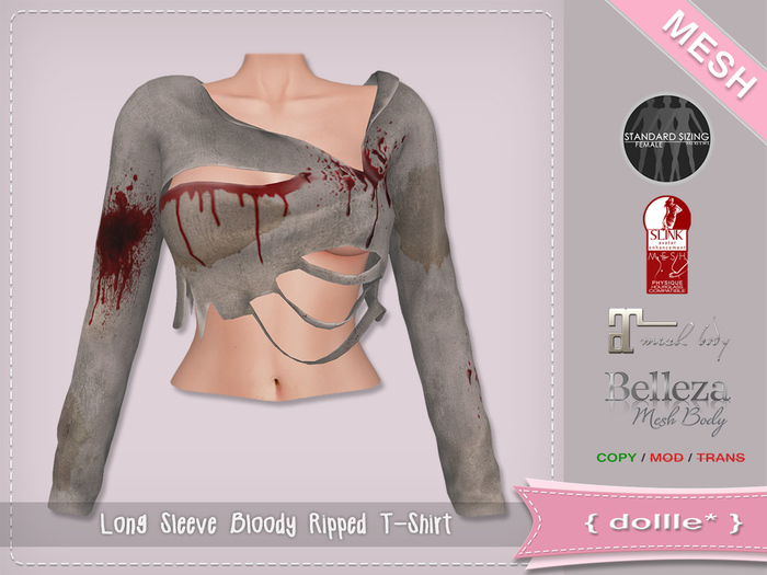 {dollle*} Long Sleeve Bloody Ripped T-Shirt - Gray