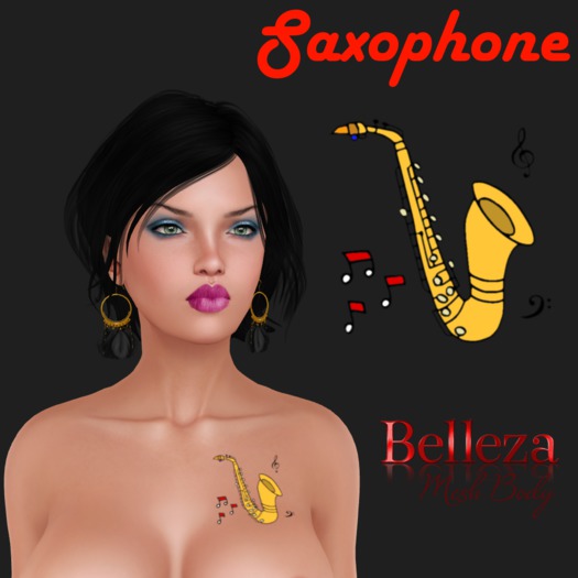 Saxophone breast tattoo