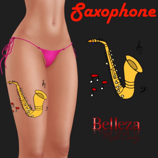Saxophone thigh tattoo