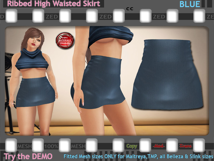 ::ZED:: Ribbed High Waisted Skirt, Blue