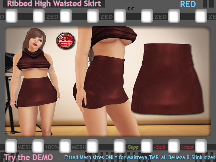 ::ZED:: Ribbed High Waisted Skirt, Red