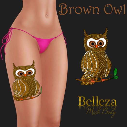 Owl brown thigh tattoo