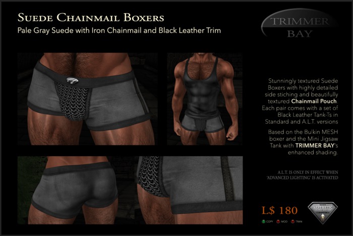 Suede Boxers in Pale Gray with Iron Chainmail Pouch and Black Leather Trim