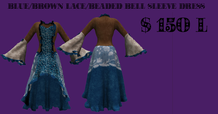Blue/brown Lace/beaded Bell Sleeve Dress