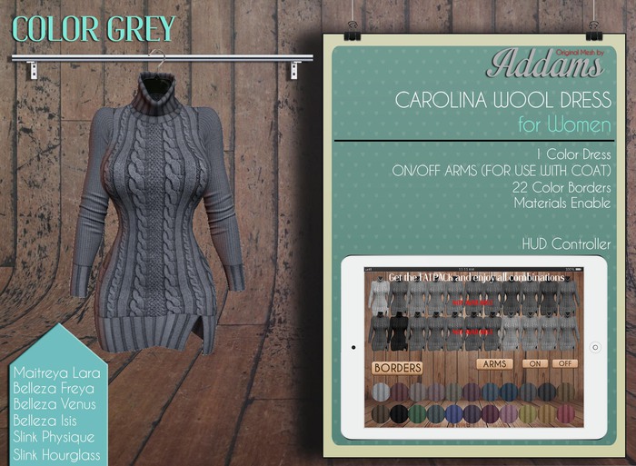 Addams "Carolina" Womens Wool Dress -Maitreya,Belleza,Slink-Mesh Dress- Grey