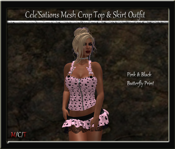 [CS] Pink  wBlack Butterflies Crop Top & Ruffle Skirt Outfit Pk