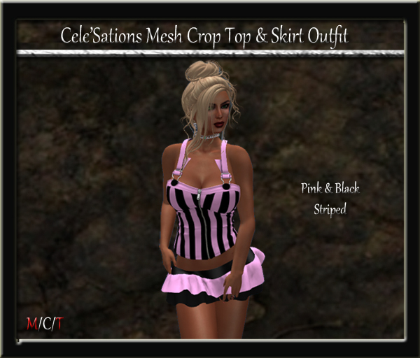 [CS] Pink & Black Striped Crop Top & Ruffle Skirt Outfit [ Maitreya Belleza TMP Eve Slink]