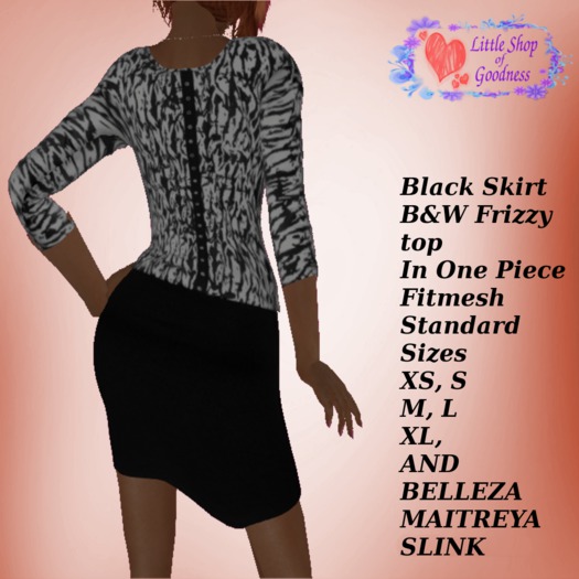 Black Skirt, B&W Frizzy top. In One Piece Fitmesh.