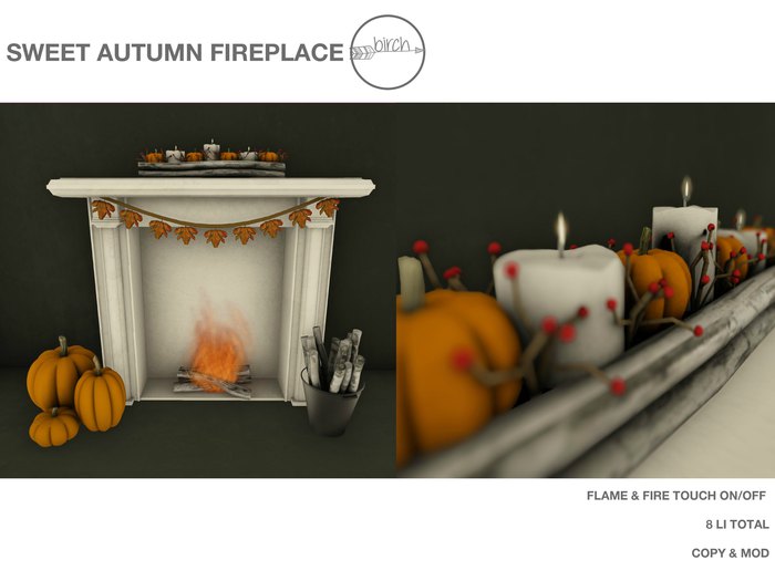 Second Life Marketplace .birch autumn birch wood fireplace FULL SET