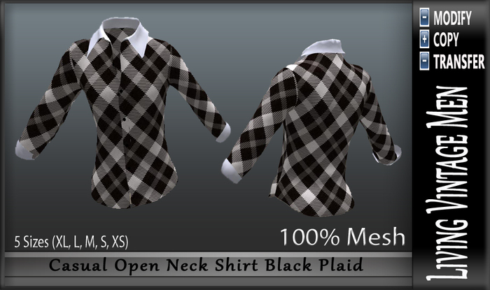 LVM Casual Open Neck Shirt Black Plaid