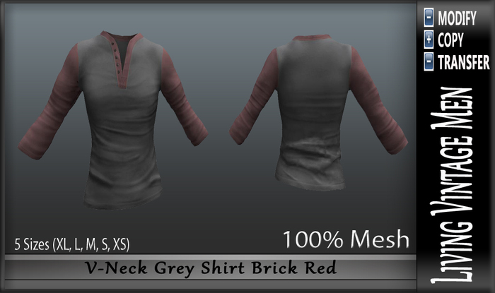 LVM V-Neck Grey Shirt Brick Red