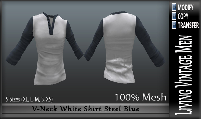 LVM V-Neck White Shirt Steel Blue