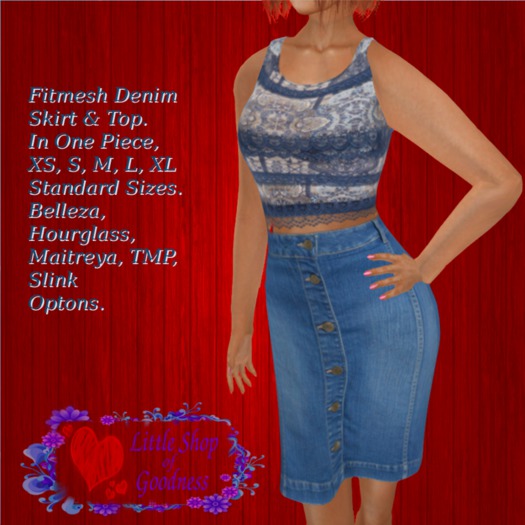 Blue Denim Midi Skirt Blue Flowery Sleeveless Top Fitmesh. Classic, Belleza, Maitreya, TMP, Slink