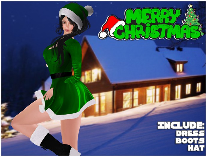 Second Life Marketplace - OKshop Girlfriend of Santa Claus Costume Merry  Christmas Green
