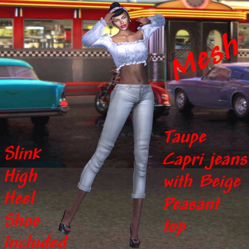 capri jeans in taupe with peasant crop top in beige