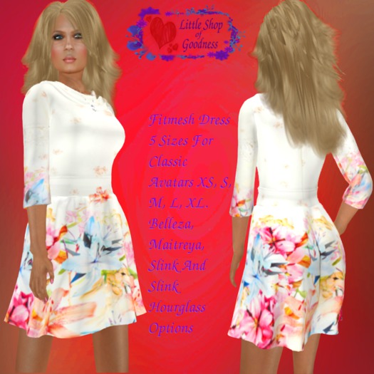 White Dress With 3/4 Sleeves And Floral Skirt Fitmesh