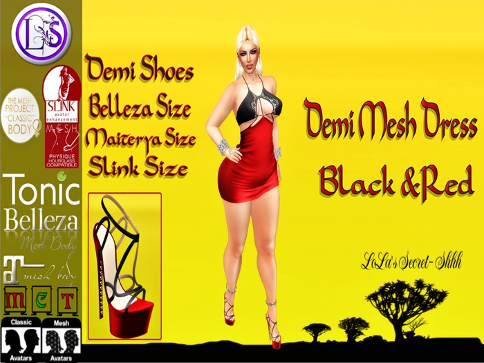 .~LS~DEMI DRESS - BLACK N RED {RIGGED MESH}