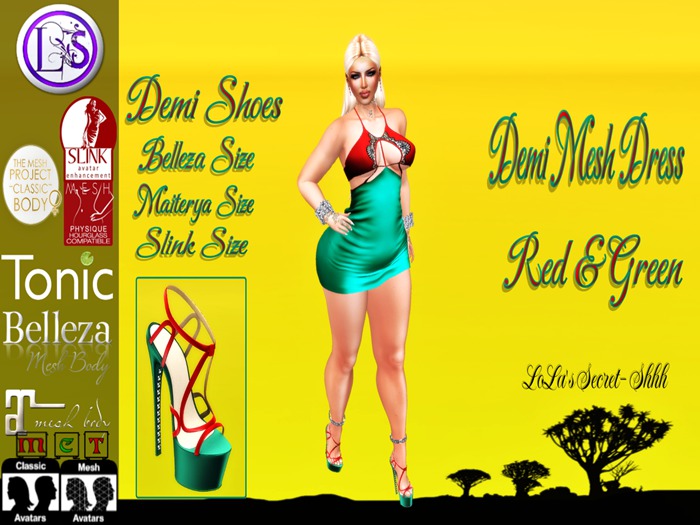.~LS~DEMI DRESS - RED N GREEN { RIGGED MESH}