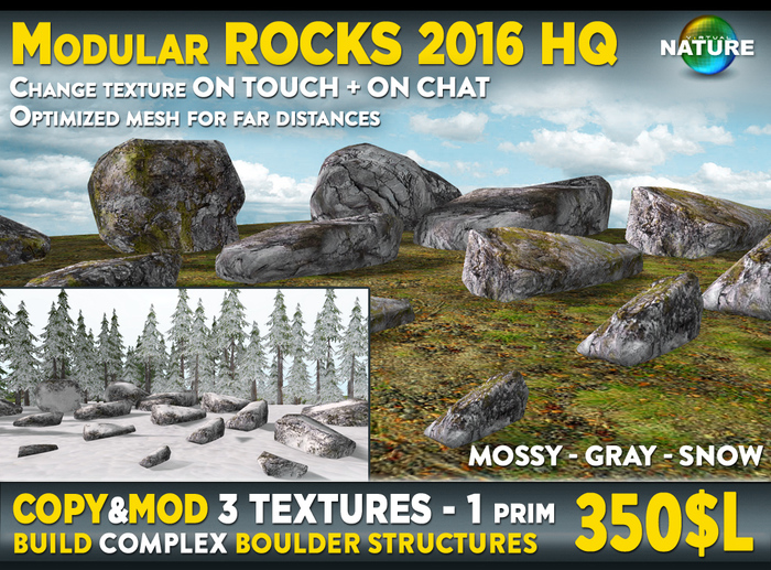 Second Life Marketplace - Modular rocks pack HQ SET + snow + mossy for ...