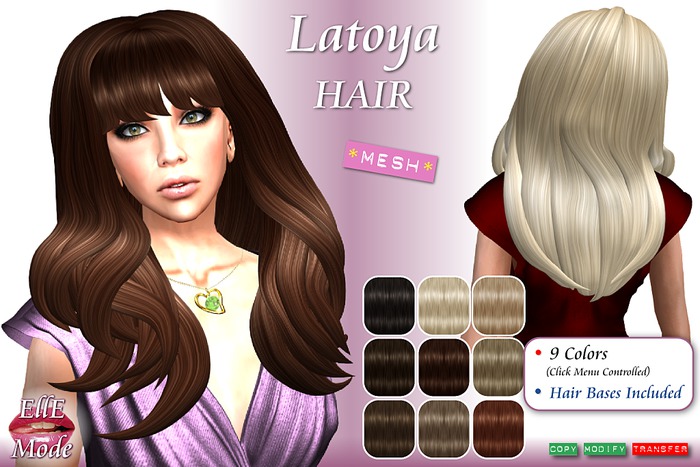 Latoya Long Hair - Rigged Mesh * 9 Colors / Textures * Hair Bases included