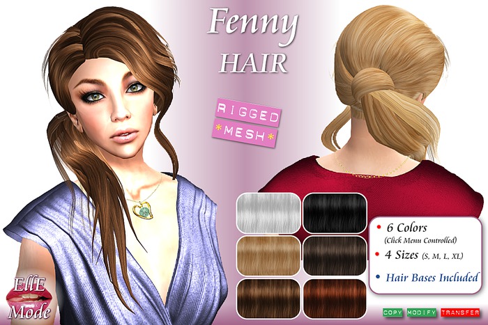 Fenny Hair - Rigged Mesh * 4 Sizes * 6 Colors / Textures * Hair Bases Included