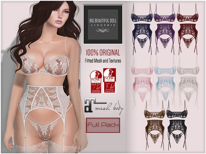 Second Life Marketplace - BigBeautifulDoll JEZEBEL "Sexy" Fit Fitted Mesh Lingerie  FAT PACK Maitreya Lara Slink Physique Hourglass Garter Belt Bra