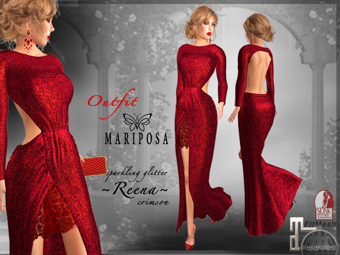 Second Life Marketplace - ~REENA~ Sparkling fx Glitter Gown w Lace  Skirt_red [Maitreya Slink Fitted] MARIPOSA~house~