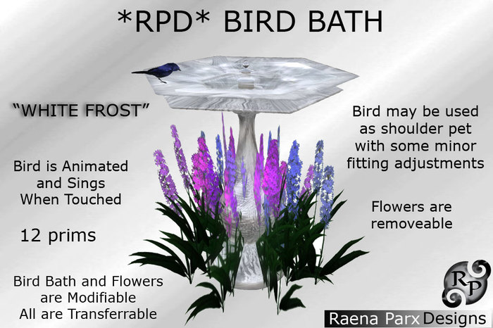 BIRD BATH WITH ANIMATED BIRD - "WHITE FROST" - *RPD*