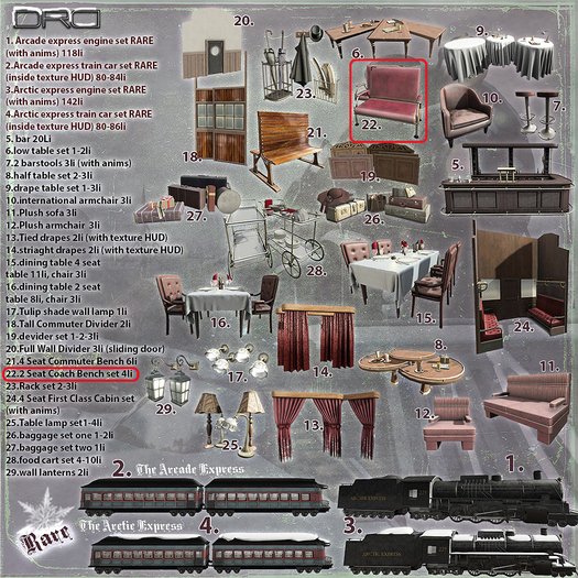 22 -DRD - AE - Train Car - 2 Seat Coach Bench Set