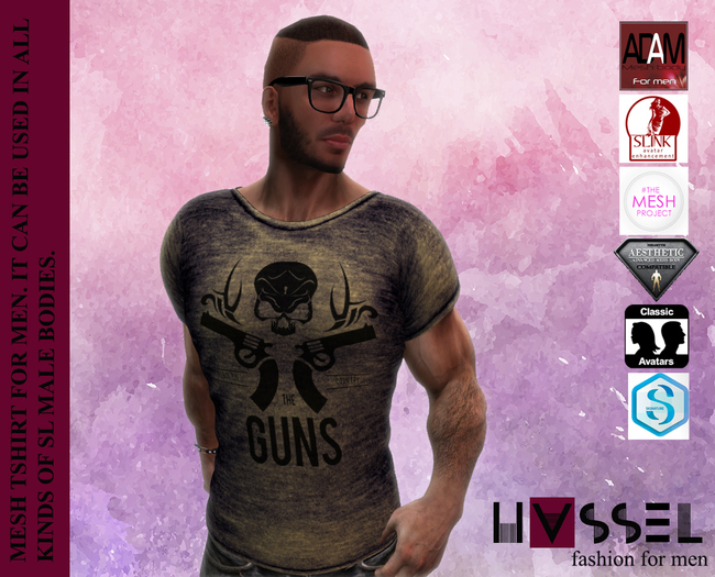 (HASSEL) RIGGED MESH TSHIRT, SKULL GUNS. AESTHETIC - NIRAMYTH, TMP, SLINK, ADAM, SIGNATURE GIANNY AND CLASSIC AVATARS