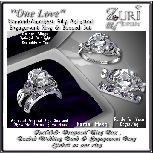 Zuri Rayna"One Love" Wedding Rings Set - Diamond/Amethyst/Platinum