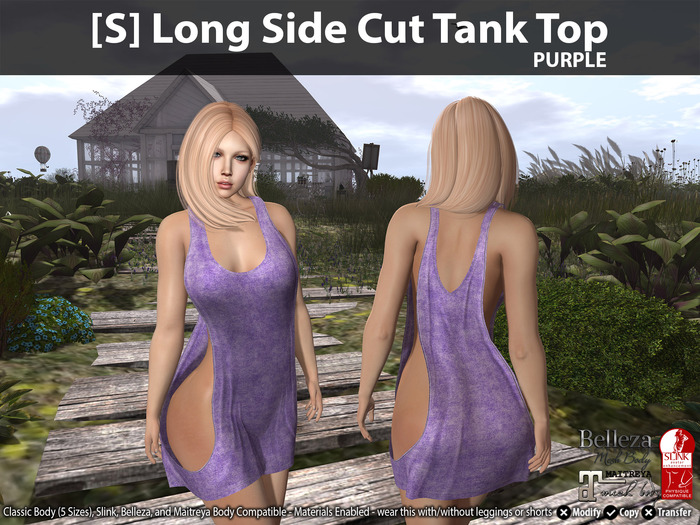 [S] Long Side Cut Tank Top Purple
