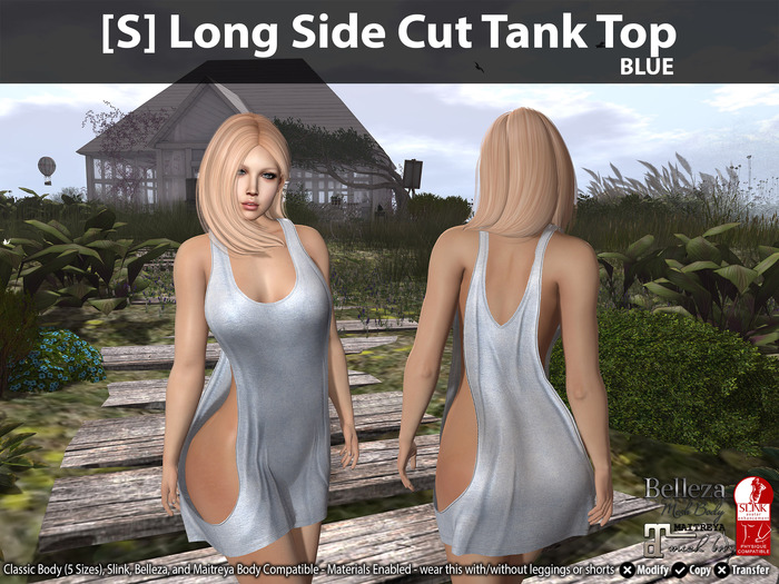[S] Long Side Cut Tank Top Blue