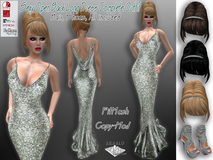 Sexy Open Back Long Dress - FitMesh - Hair & Shoes Included - F