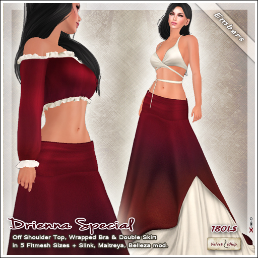 [V/W] Drienna Special Ember - Medieval Fantasy Boho Outfit w/ skirt, top, crossed bra in Fitmesh, Slink, Maitreya...