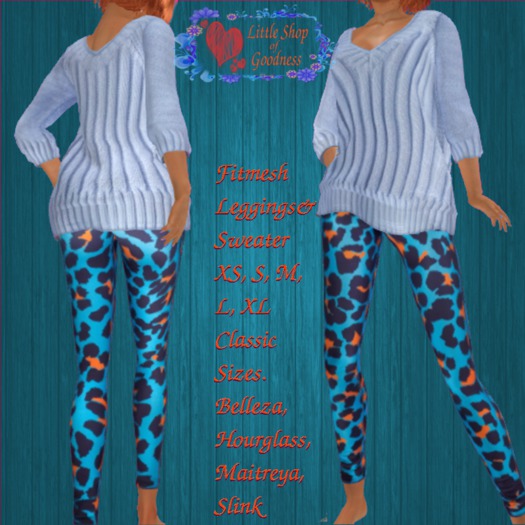 Light Blue Sweater And Blue Patchy Leggings