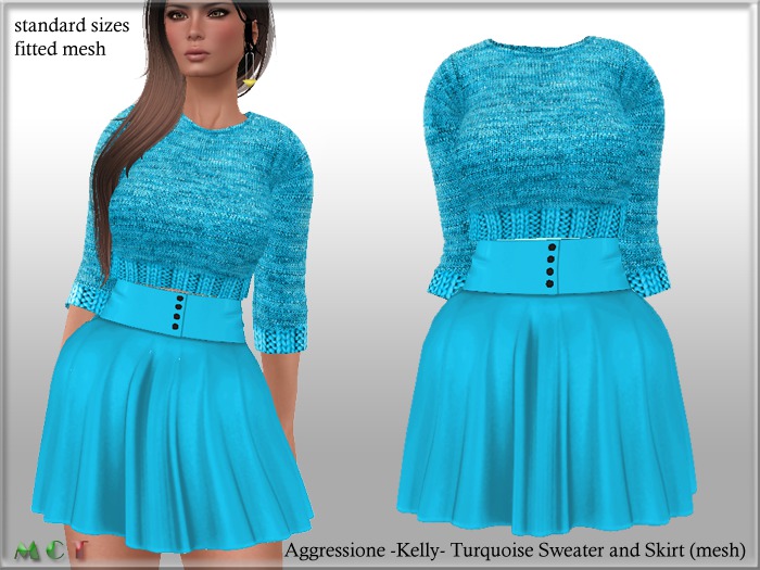Aggressione Kelly Turquoise Sweater and Skirt mesh standard sizes and fitted mesh