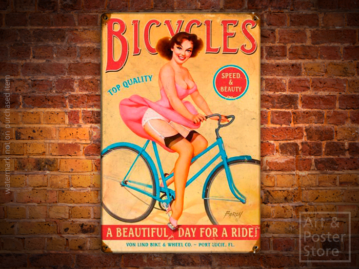 BICYCLES A Beautiful Day For A Ride Sexy Pin Up Poster | Rusty Metal Style Wall Sign 