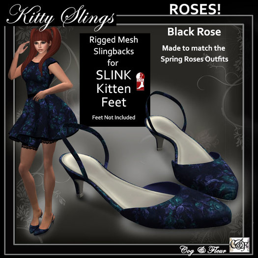 C&F Slink KITTEN Slingbacks - Roses! Black Rose