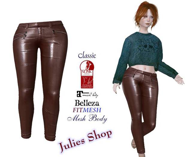 Pantalones de cuero flaco Brown para clásico, Mesh, Belleza, Slink, Maitreya, Fit Mesh