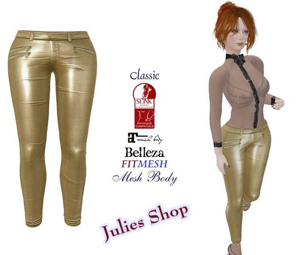 Skinny Lederhose, Lackhose Gold für Klassiche- und Meshavatare, Belleza, Slink, Maitreya, Fit Mesh