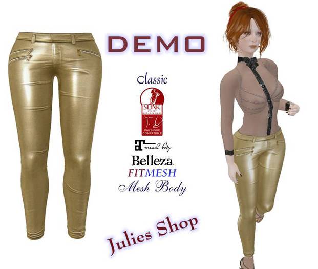 Skinny calças de couro gold para Classic, Mesh, Belleza, Slink, Maitreya, Fit Mesh DEMO