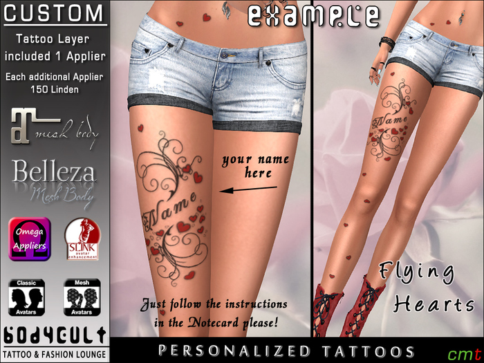 BodyCult Custom Tattoo Flying Hearts Leg WA.